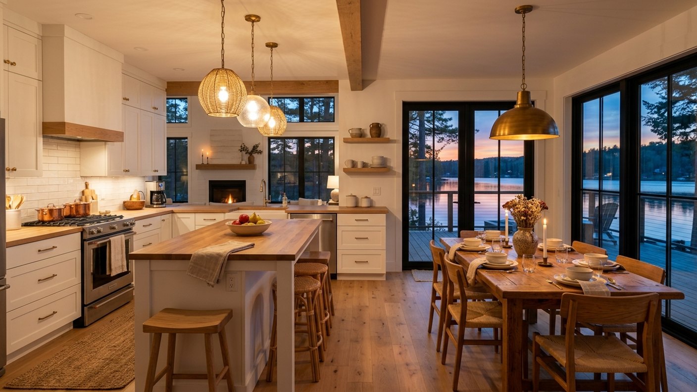 Dining Off the Kitchen: Lighting the Lake House Table